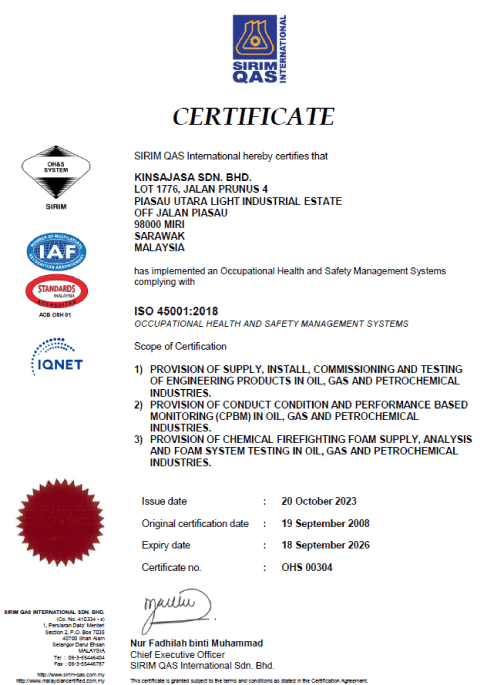 SIRIM QAS International ISO 45001:2018 certificate