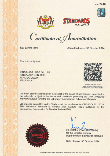 Standards Malaysia SAMM accreditation certificate