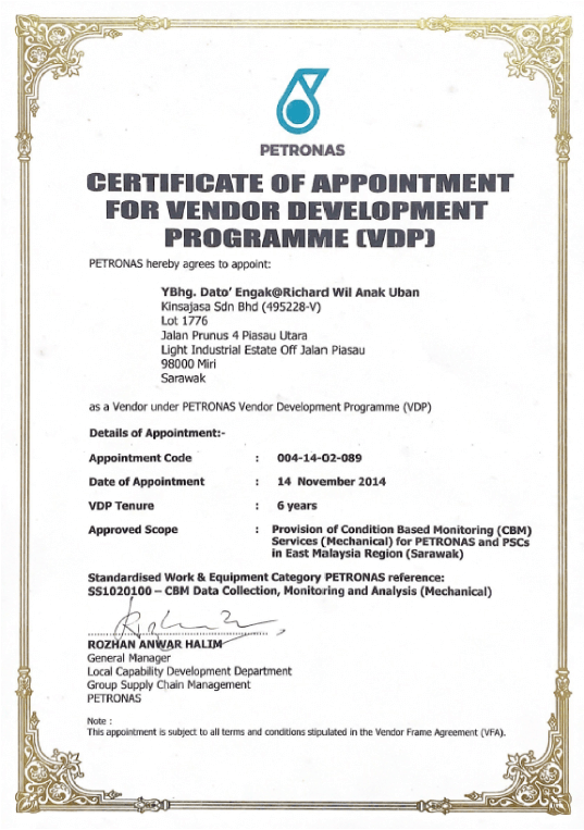 PETRONAS Vendor Development Programme appointment certificate